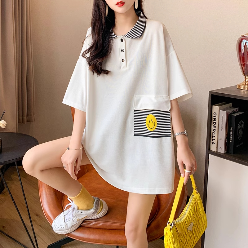 實拍2024夏季韓版新款大碼中長款口袋拼接polo衫短袖t恤女