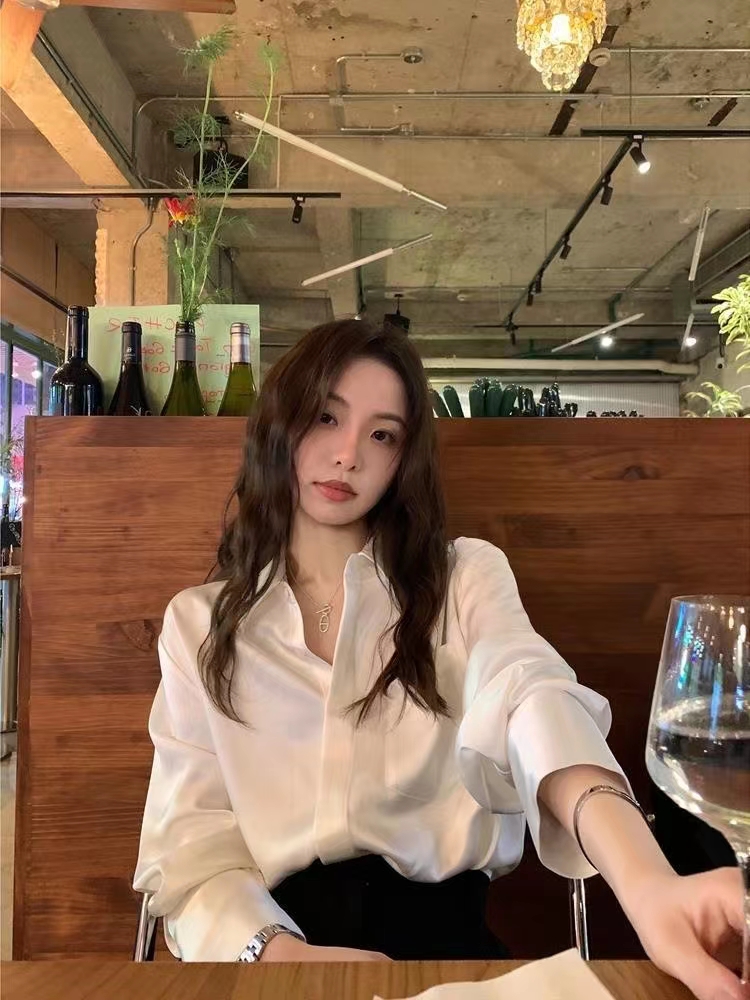 氣質醋酸緞面襯衫女秋季設計感小眾打底襯衣韓系寬鬆上衣薄