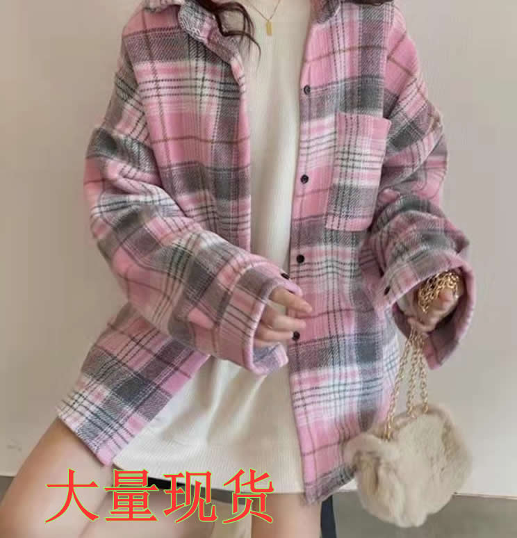 春秋新款毛呢長袖格子襯衫外套時尚韓版保暖減齡上衣女裝
