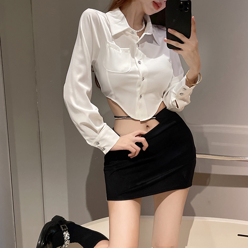 實拍！夏季v領辣妹別致短款仙女性感顯瘦長袖白色襯衫2414