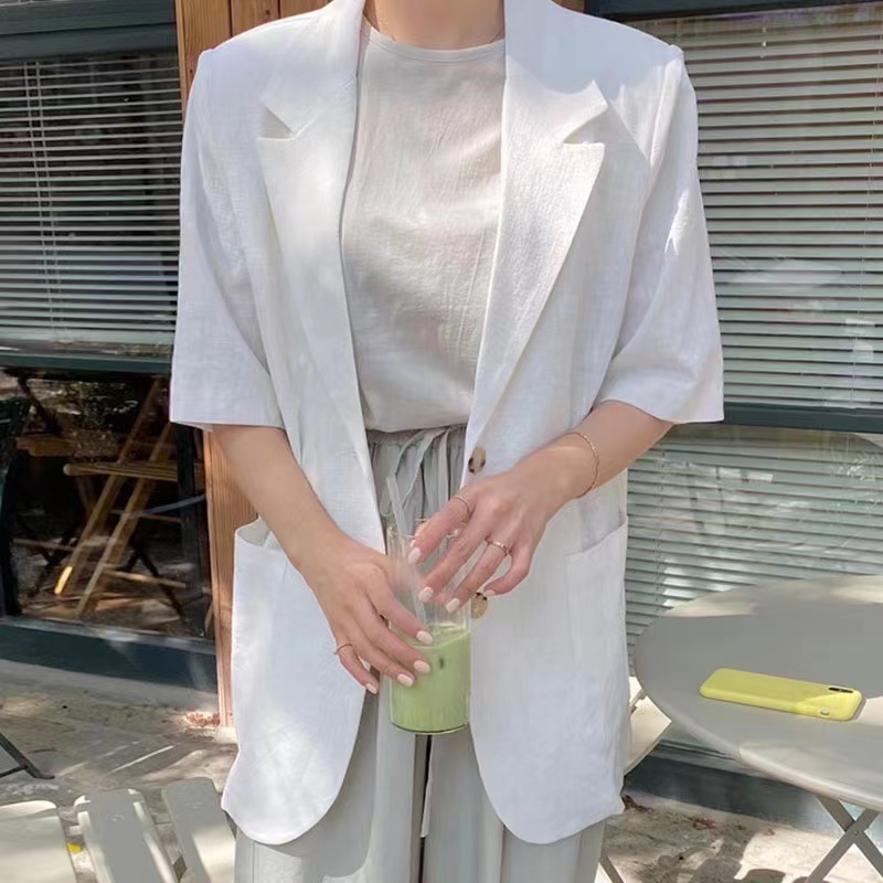 夏季 韓國chic復古翻領兩粒扣大口袋寬鬆休閒短袖西裝外套女棉麻