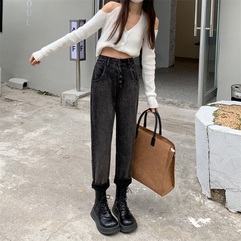 實拍黑色牛仔褲女2024春秋新款寬鬆高腰哈倫直筒蘿蔔老爹褲子