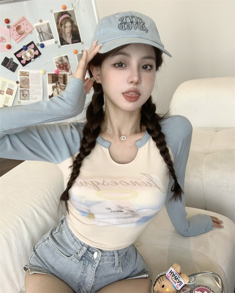 已出貨 小貓印花拼色長袖T恤女秋季純欲風修身顯瘦短款露臍上衣