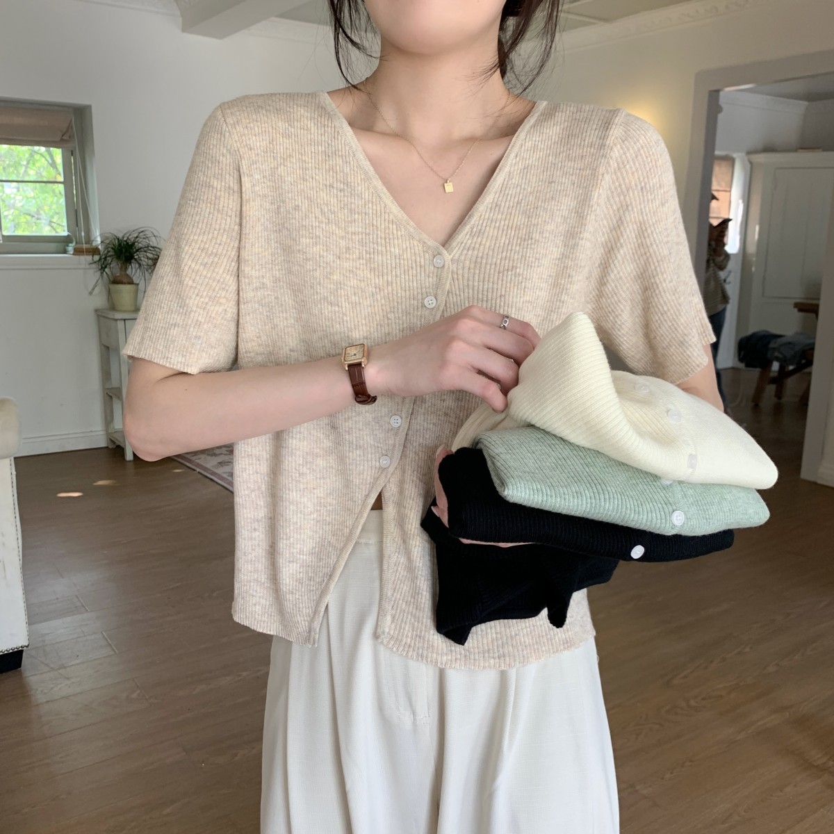實拍 春夏韓版寬鬆V領不規則設計感氣質針織衫短袖女上衣
