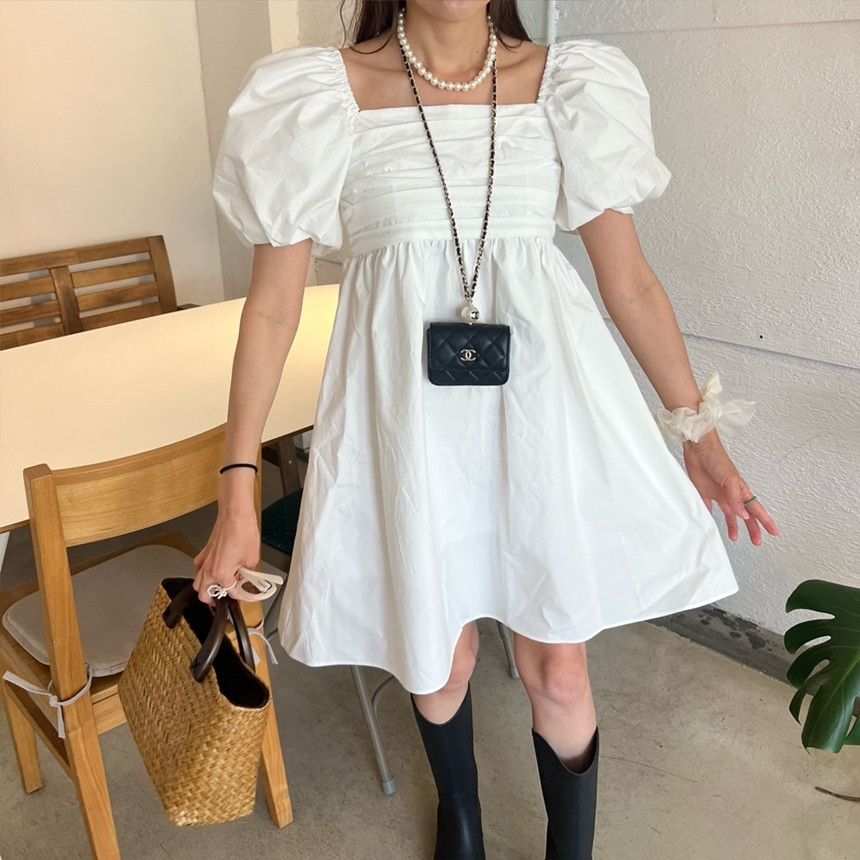 Size chic summer Korean fashion design ruffled square neck collarbone exposed puff sleeve babydoll dress