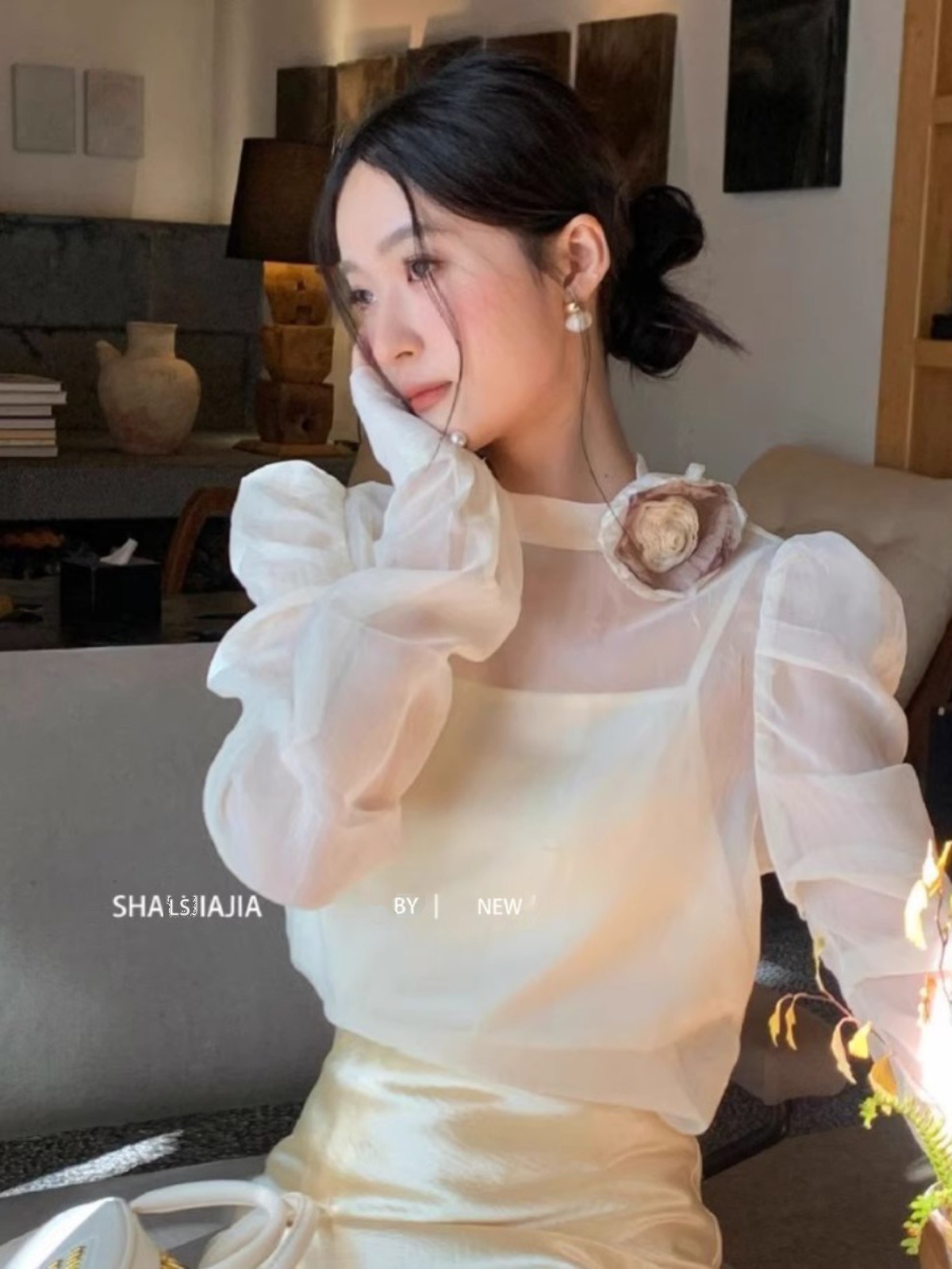 LS春季2024新款設計感小眾網紗泡泡袖襯衫女透視氣質別致長袖上衣
