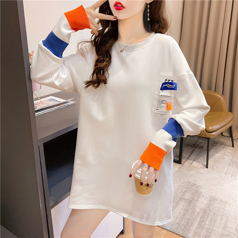 Real shot 2024 spring Korean style loose double-sided German velvet round neck warm splicing long-sleeved bottoming shirt T-shirt for women