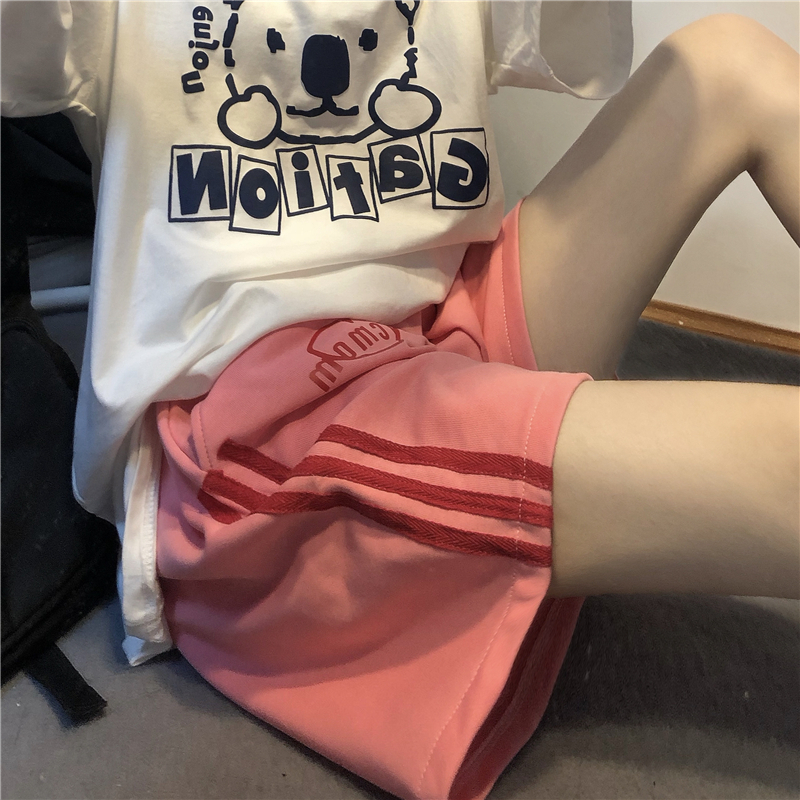 6535魚鱗休閒熱褲短褲女2024夏季直筒闊腿褲愛心學生運動褲