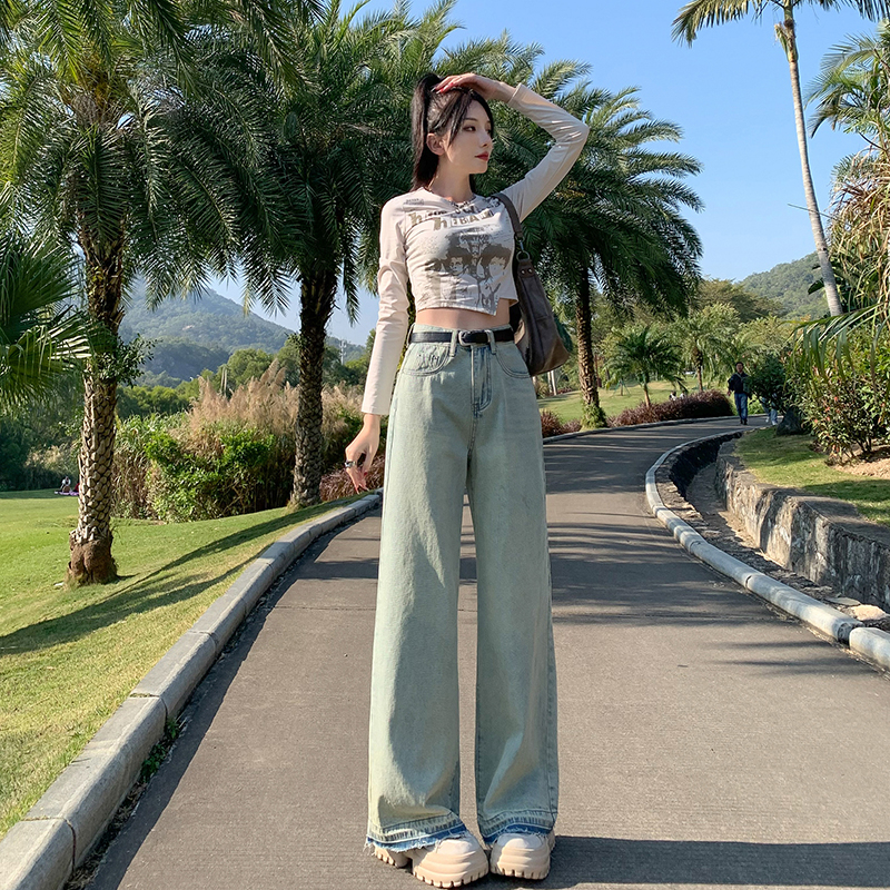 實拍 春季新款淺藍色牛仔褲女高腰顯瘦寬鬆直筒垂感拖地闊腿褲子
