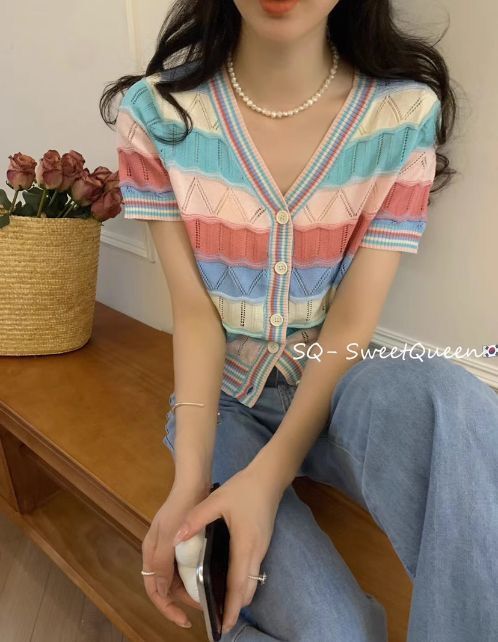 設計感彩虹色針織條紋女短袖開衫氣質百搭短款上衣