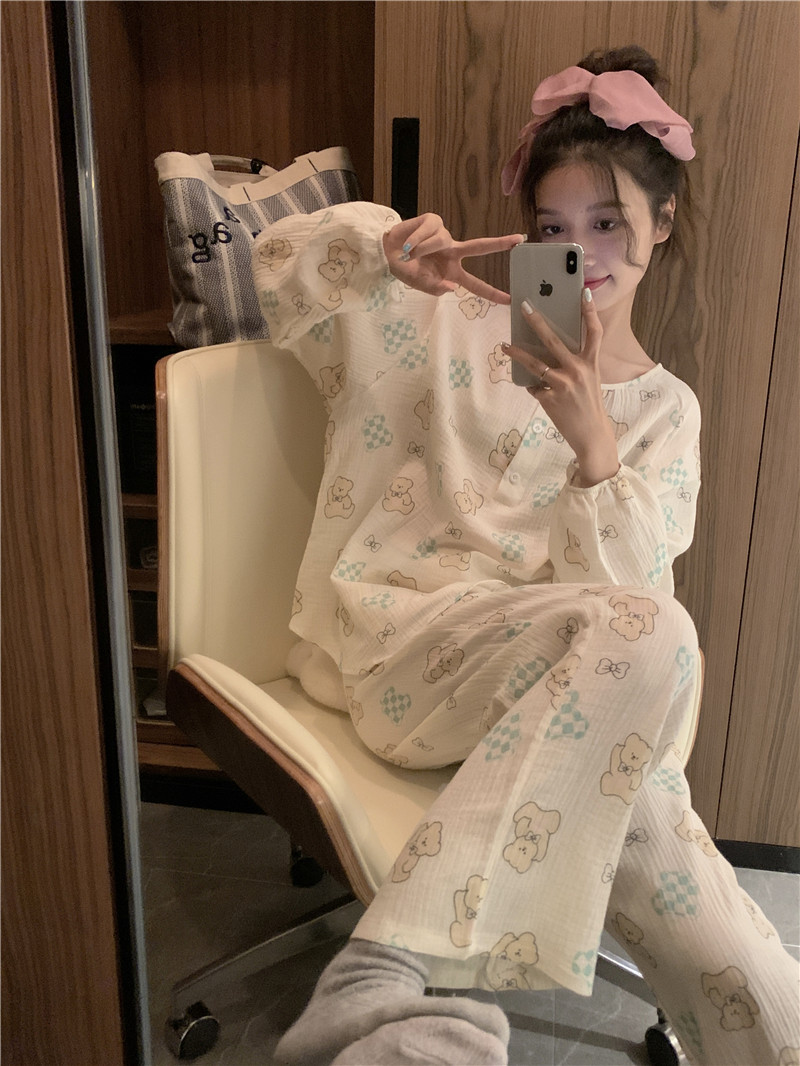 Real shot of Korean version of spring sweet casual loose soft cotton comfortable skin-friendly biscuit bear pajamas home wear set