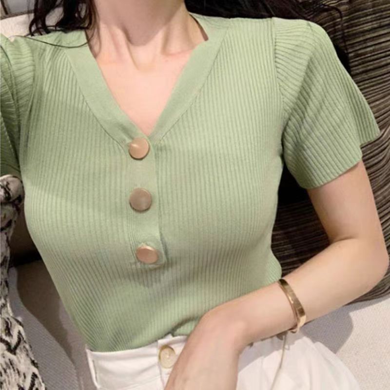 夏季薄款百搭修身冰絲打底針織衫女短袖設計感小眾別致v領t恤上衣