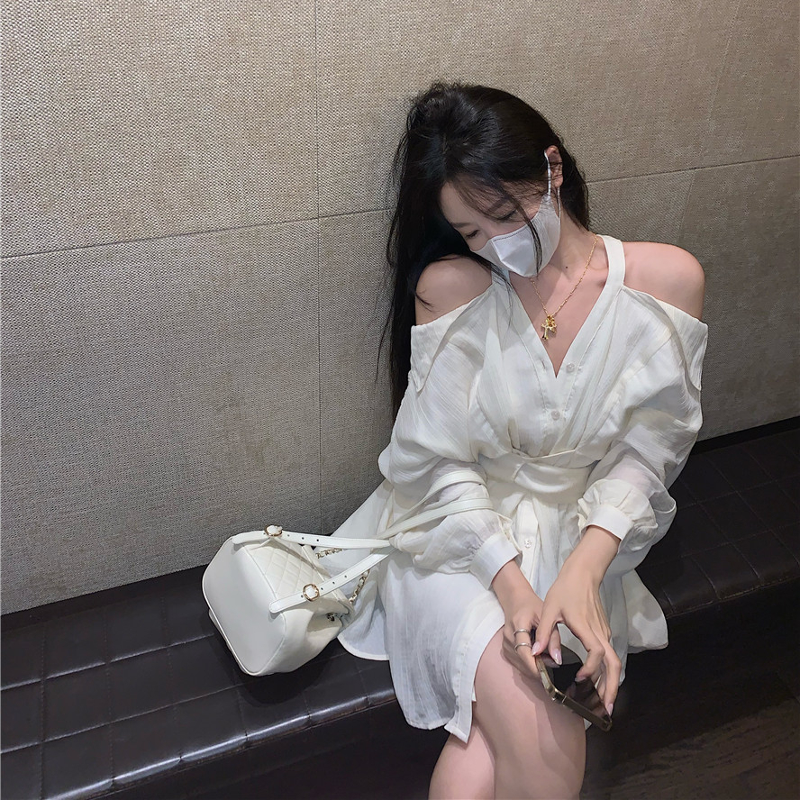純欲風氣質洋氣修身杏色掛脖襯衫連衣裙高級感法式短褲帶雪紡內里