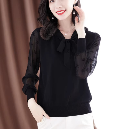 Original workmanship bow women's 2024 spring new loose splicing black long-sleeved ice silk bottoming shirt top