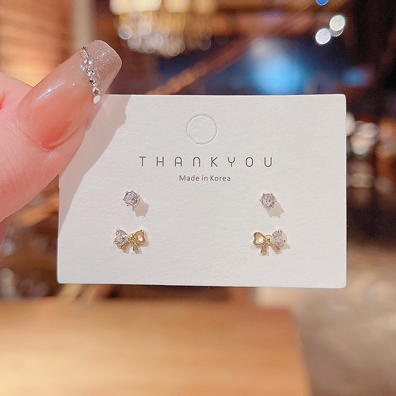 Actual shot of S925 Silver Needle Butterfly Korean Style Bow Zircon Earrings Ear Studs Ear Care Combination Set Xiaohongshu recommends