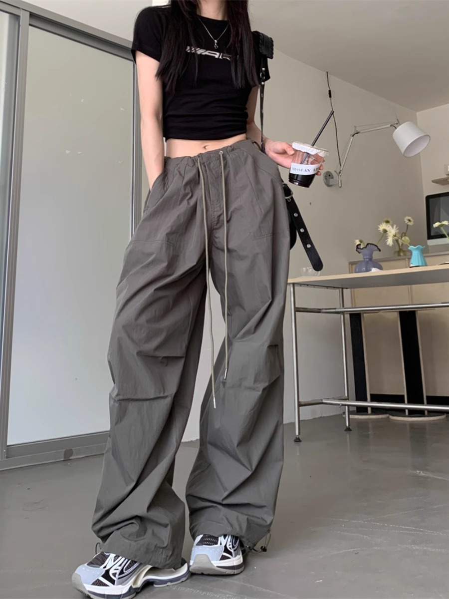 美式復古垂感工裝褲女春季高腰顯瘦直筒褲闊腿褲休閒褲拖地長褲子