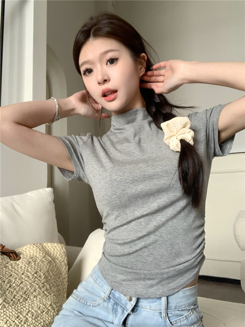 實拍~半高領T恤春季辣妹修身百搭顯瘦不規則短袖上衣