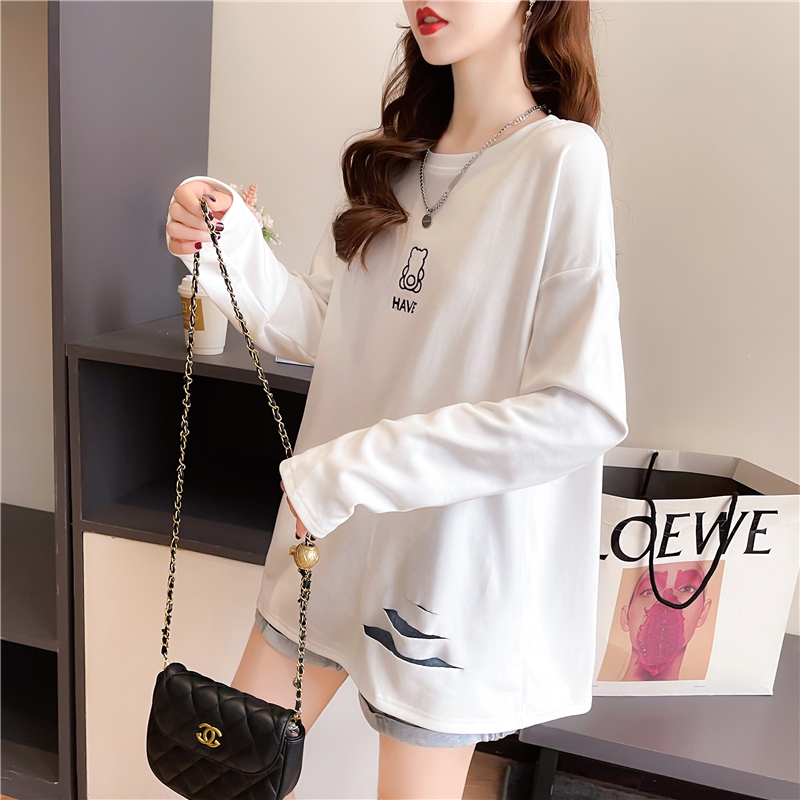 Real shot 2024 spring Korean style loose double-sided German velvet round neck warm splicing long-sleeved bottoming shirt T-shirt for women
