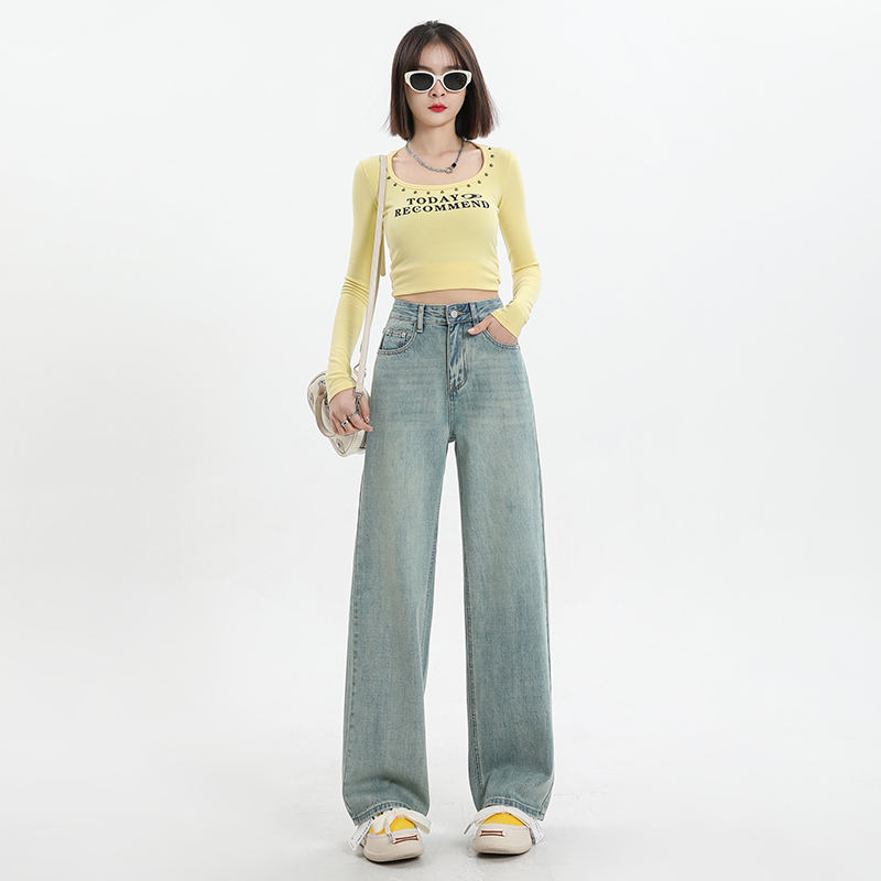 Actual shot of new spring and summer emerald green basic versatile high-waisted non-elastic wide-leg floor-length jeans for women