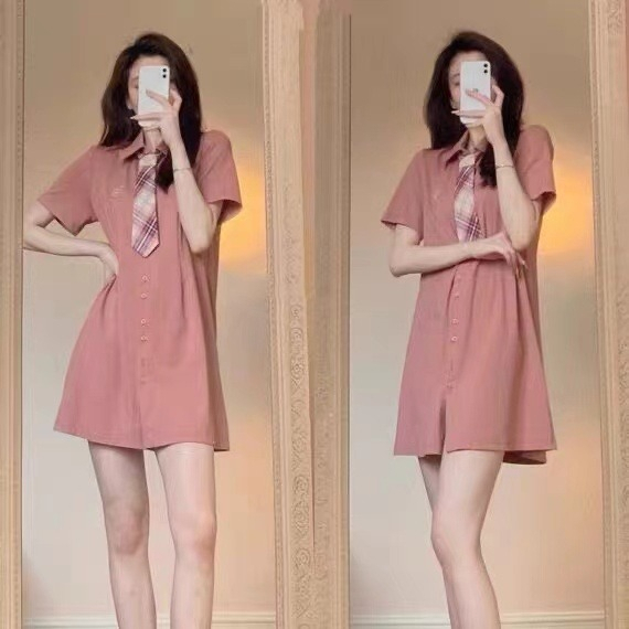 法式氣質娃娃領短袖連衣裙女夏裝小眾設計感收腰顯瘦學院風長裙子