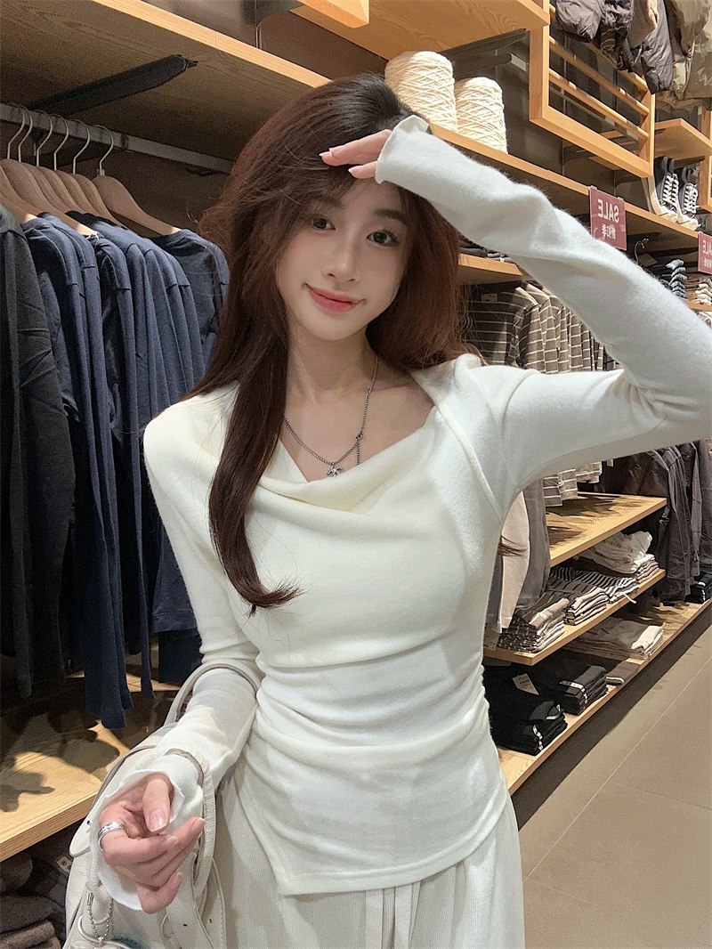 Actual shot: Pure Desire Irregular Swing Neck Long Sleeve Comic Waist Slimming Slim Stretch TEE