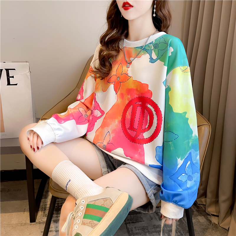 Real shot 2024 spring Korean style loose twill ethnic style mid-length plus size women's thin sweatshirt for women