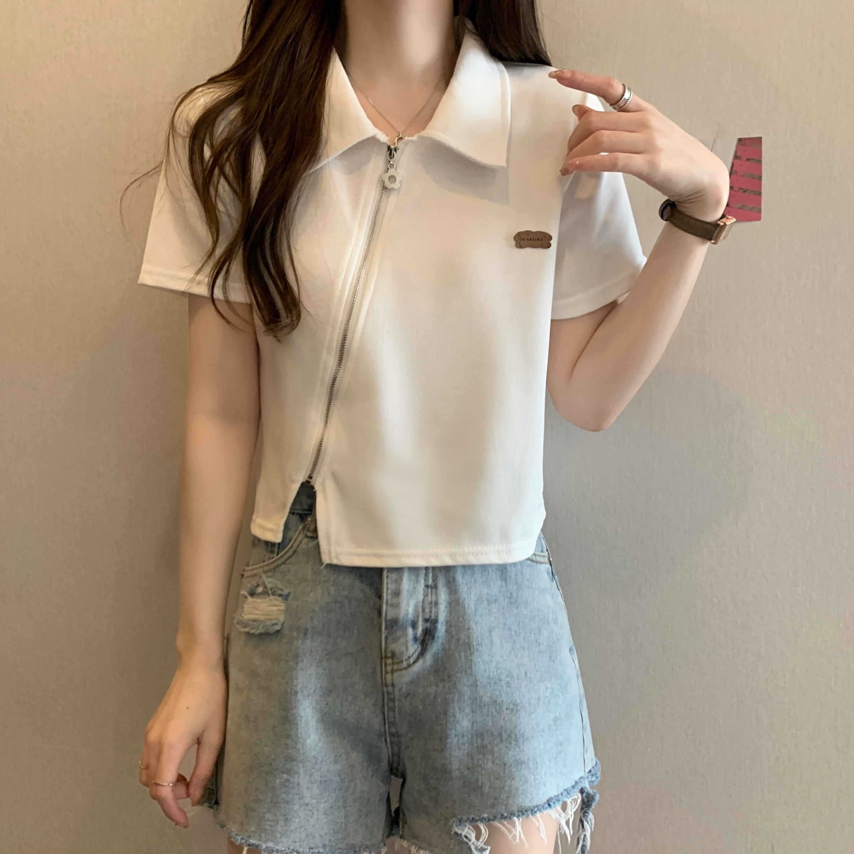 Original workmanship large size polo collar right shoulder short sleeve t-shirt summer style design fat mm slimming short top
