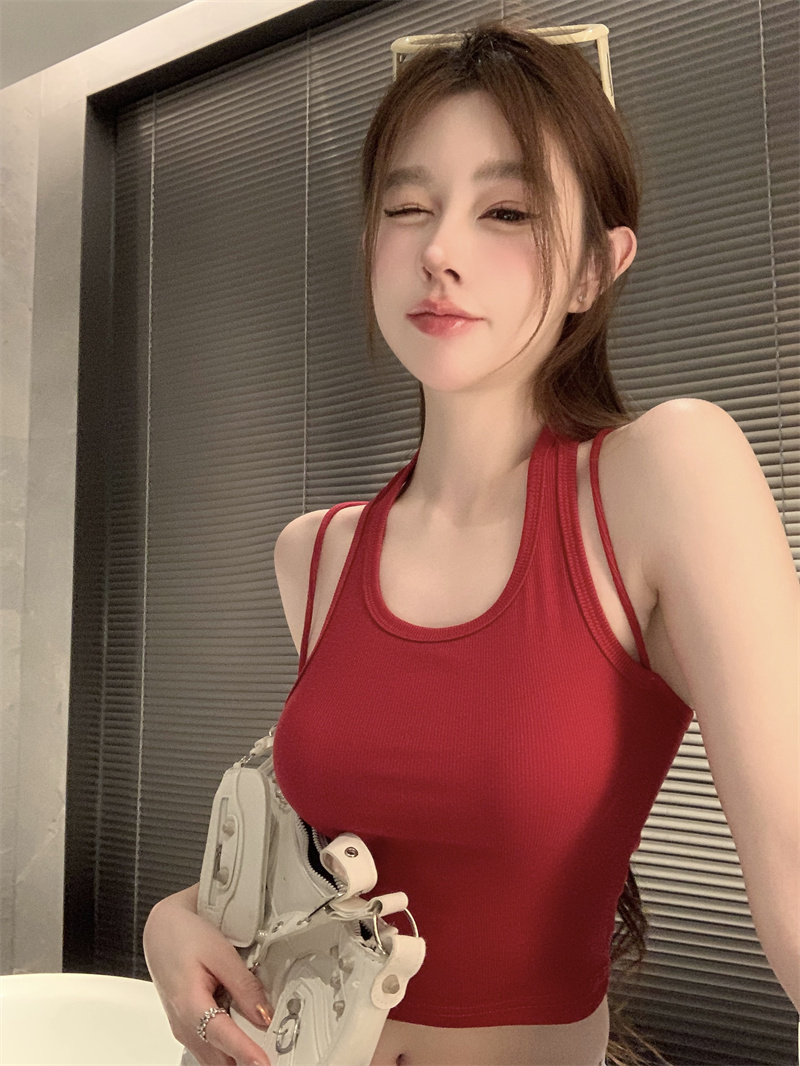 6667#2024春季新款洋氣設計感露背修身顯瘦彈力吊帶背心打底