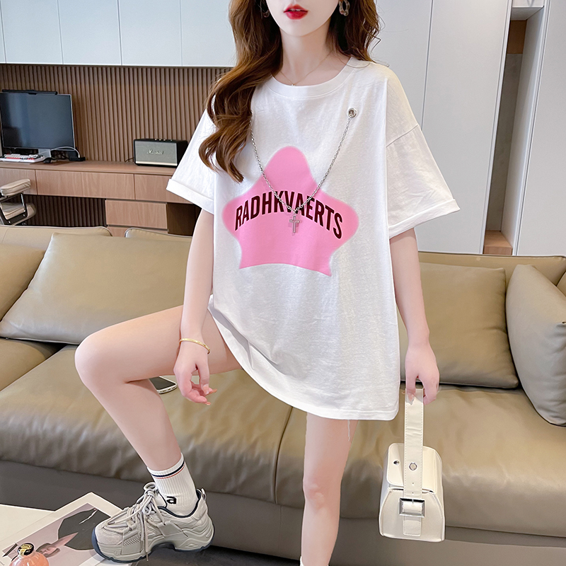 實拍2024夏季100%純棉 韓版中長款項鍊款短袖T恤女