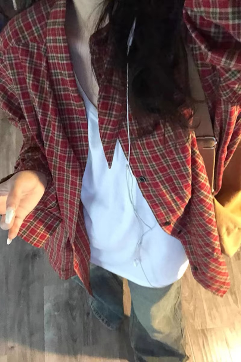 JS035 official picture retro lazy style loose plaid long-sleeved shirt women's spring and autumn thin new top jacket