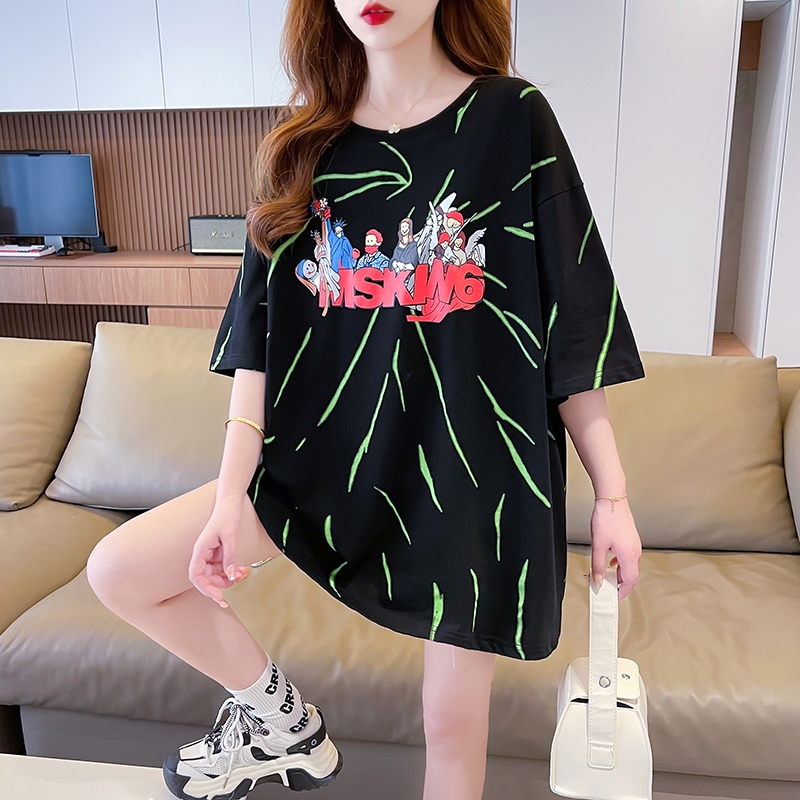 實拍-夏季100%純棉 韓版中長款卡通印花短袖T恤女