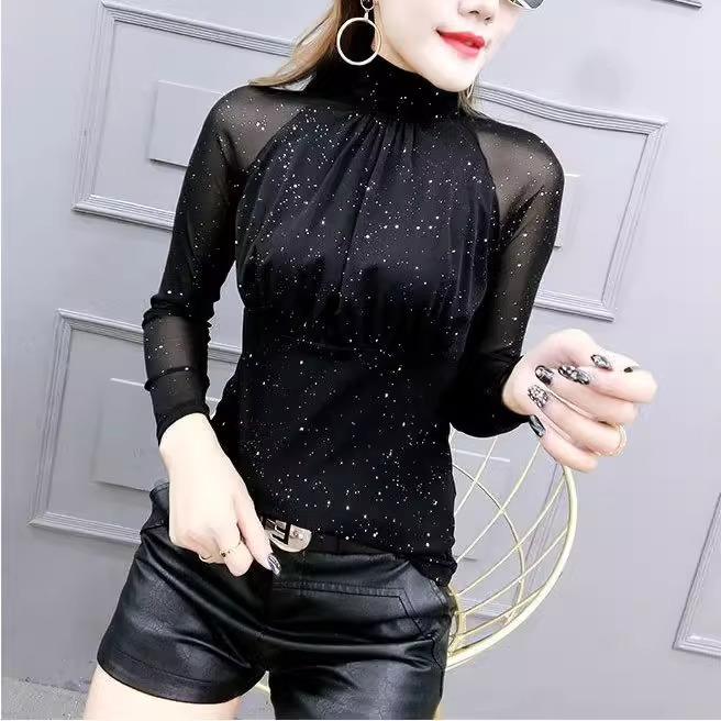 Original workmanship mesh inner top, sexy lace bottoming shirt for women, 2024 spring and autumn fashionable western style shirt