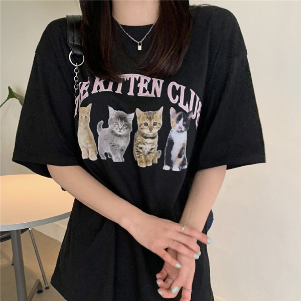 夏季短袖貓咪印花t恤女韓版新款百搭寬鬆洋氣ins風上衣潮