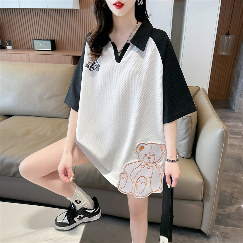 實拍2024夏季華夫格Polo領寬鬆拼接貼布印花插色t恤女