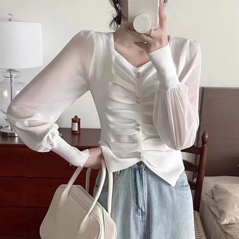 Mesh sleeve splicing knitted bottoming shirt for women spring 2024 new slim fit pleated square neck short top