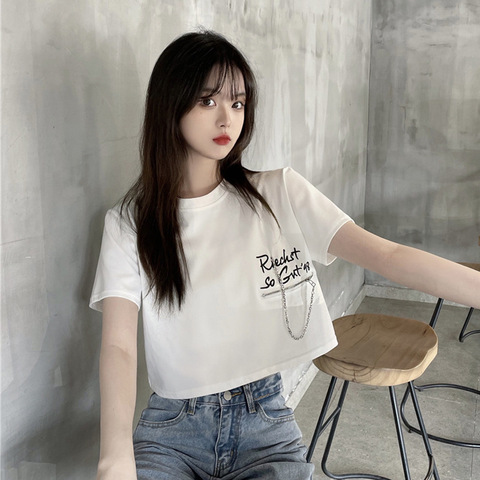 網紅款2024夏季寬鬆短款設計感拉鏈字母印花短袖T恤學生上衣女