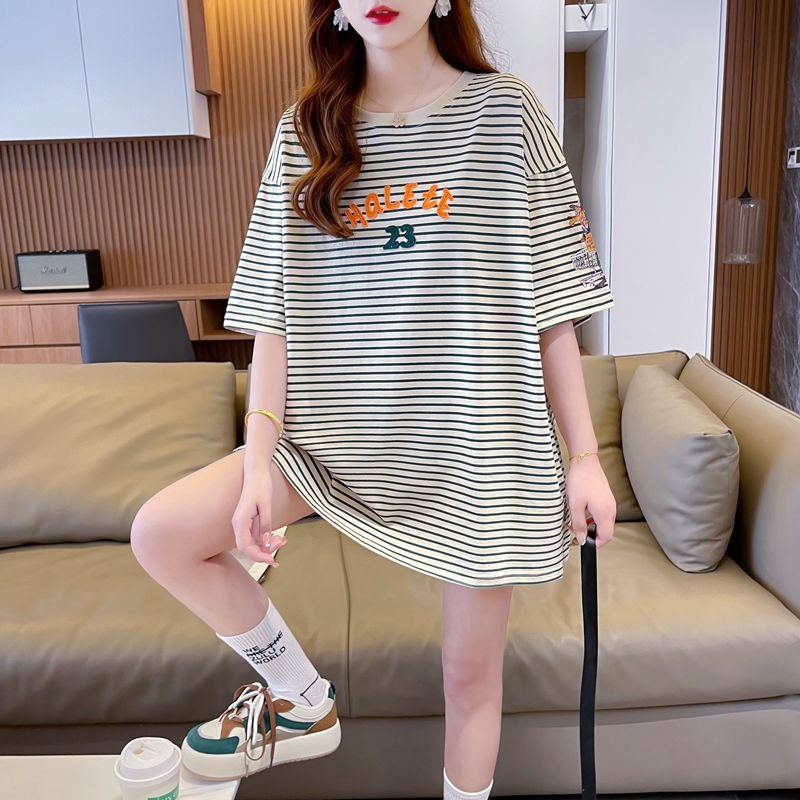 實拍2024夏季100%純棉 韓版中長款條紋刺繡短袖T恤女