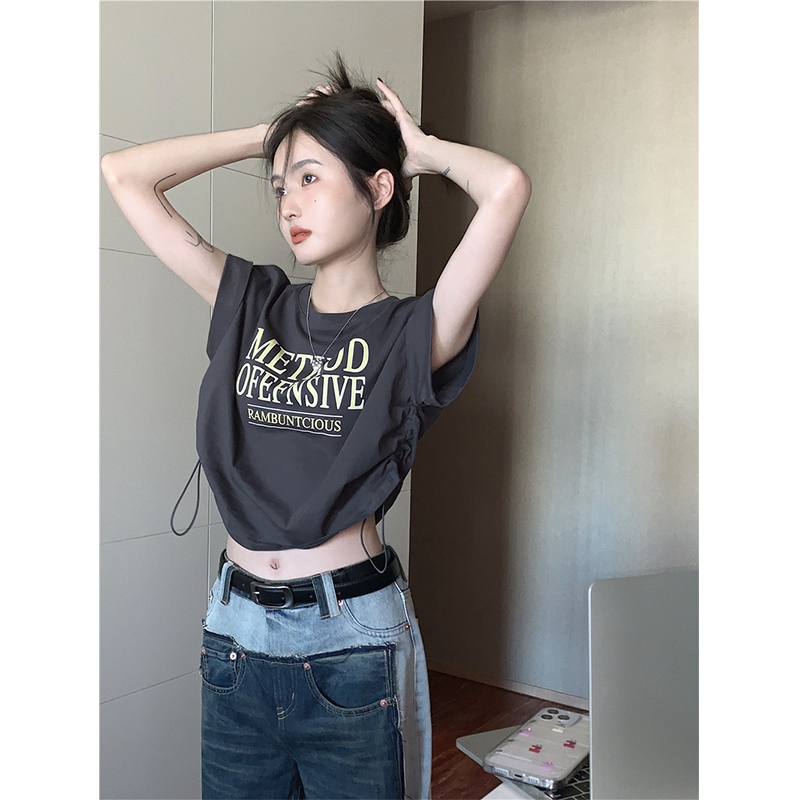 Official picture 6535 stretch cotton letter printed round neck gray short-sleeved T-shirt for women summer 2024 new style