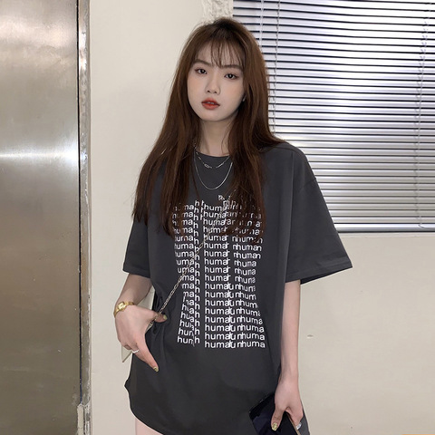 網紅款夏季短袖T恤女夏季原宿風設計感字母印花寬鬆中長款上衣