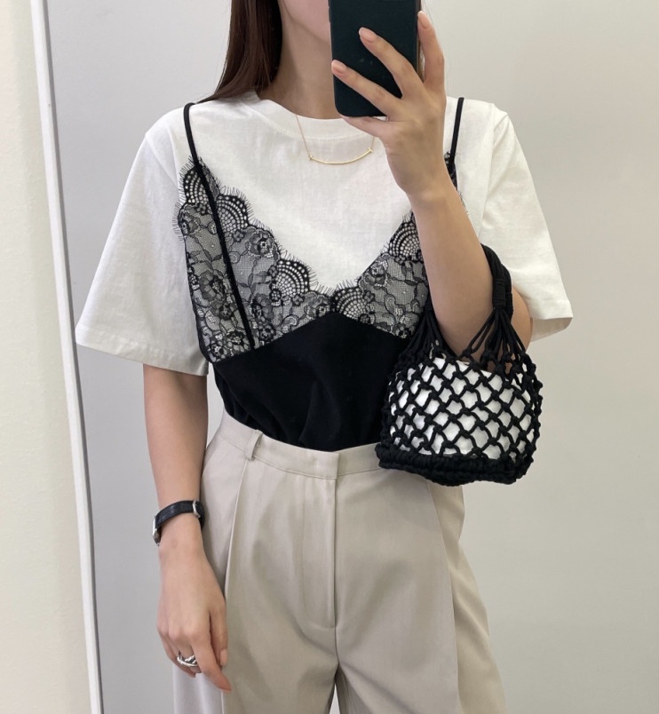 INS韓國東大門！新款蕾絲花紋吊帶假兩件短袖T恤女設計感上衣潮
