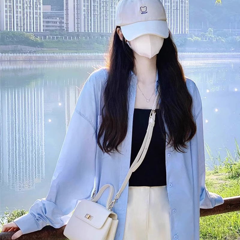 慵懶風防曬襯衣外套夏款甜美日系上衣春秋季設計感小眾藍色襯衫女