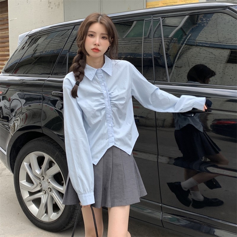Real shot of olo collar long-sleeved shirt for women 2024 spring and autumn new style irregular design pleated shirt short top