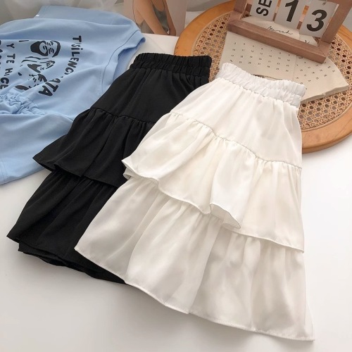 Elastic high-waist anti-exposure A-line cake skirt for women 2024 summer Korean version sweet and versatile outer skirt