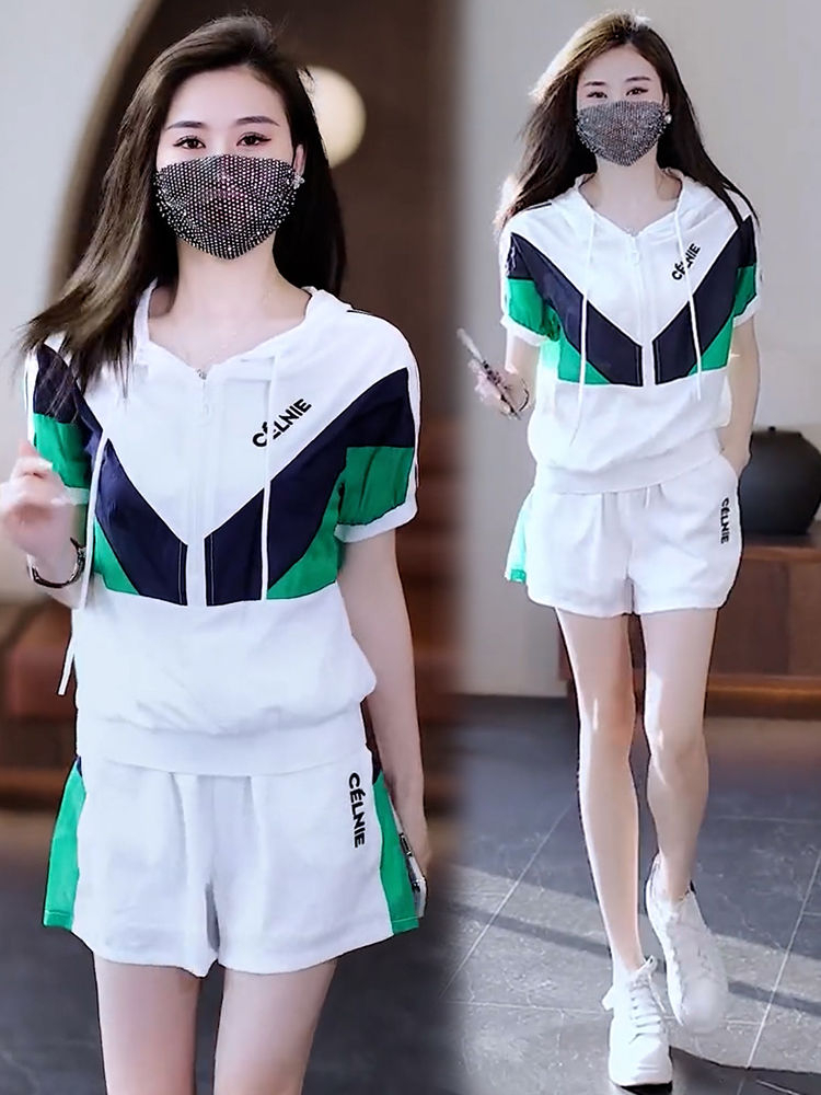 時尚休閒套裝女2024夏季新款小個子拼色時髦洋氣減齡運動服兩件套