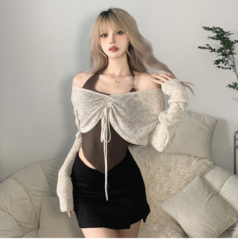 Autumn atmosphere irregular halterneck camisole with drawstring slimming long-sleeved T-shirt two-piece set