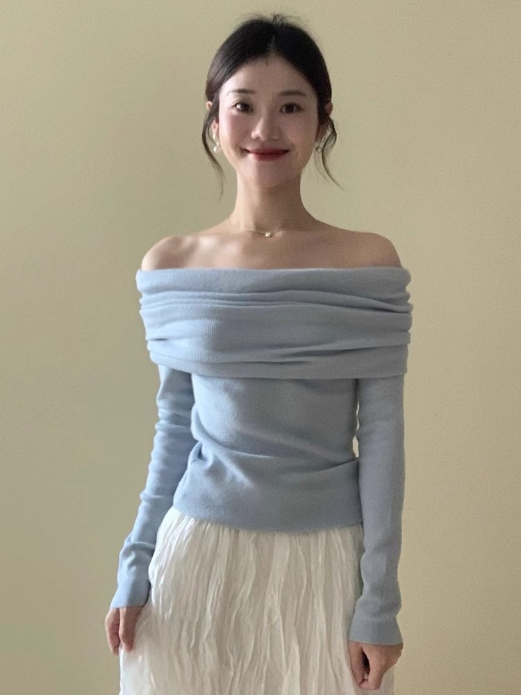 藍色一字肩上衣女chic甜美設計感小眾氣質露肩別致超仙針織衫毛衣