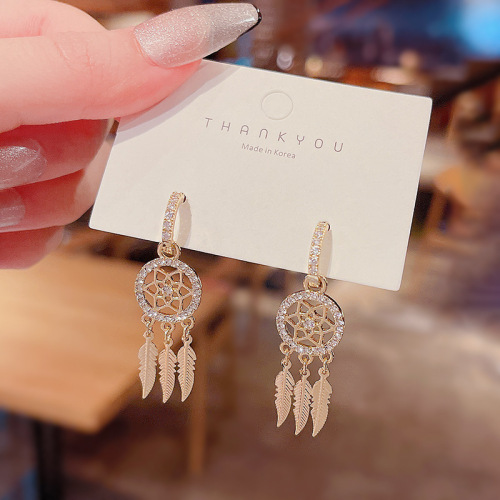 Actual shot of S925 silver needle mesh geometric tassel earrings with diamond design and earrings of the same style as the internet celebrity