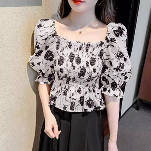 Original workmanship French square collar floral chiffon shirt retro one-shoulder slim shirt short-sleeved top internet celebrity