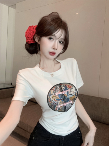 实拍~新中式国风白色短袖t恤女2024年夏季新款设计感圆领上衣