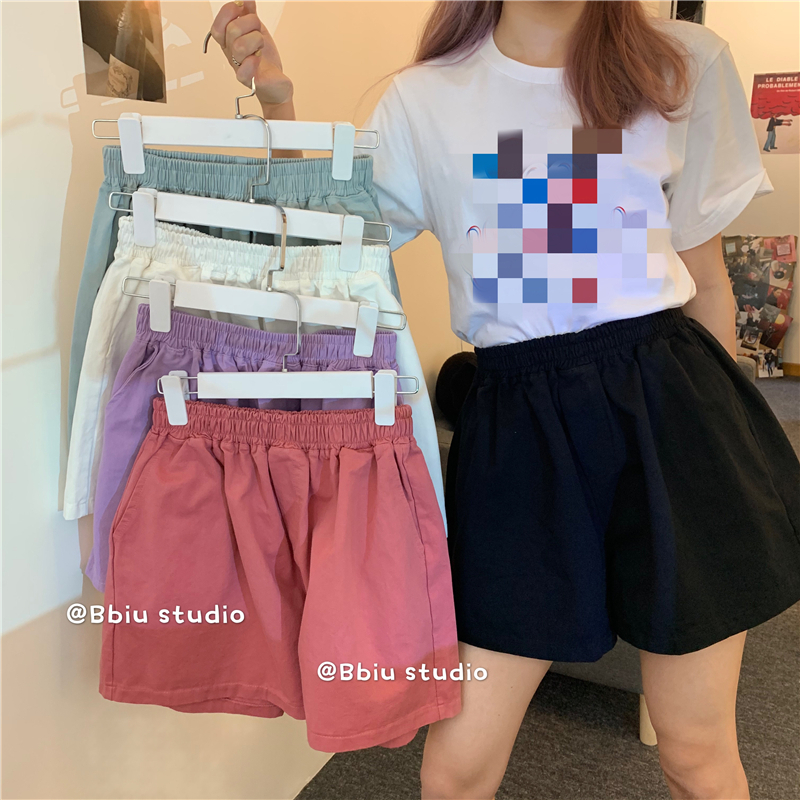 6535魚鱗2024休閒褲夏寬鬆運動褲女ins潮短褲女高腰闊腿褲